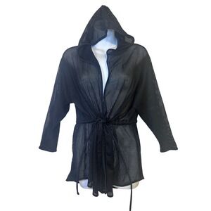 Dotti Black Mesh Hooded Drawstring Kimono Cover Up Small‎